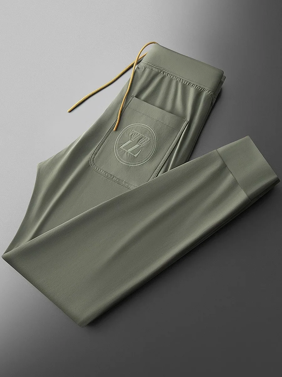 Men's Summer New Style Casual Pants Ice Silk Thread Embroidery Slim Fit Quick Dry Sports Style Trousers Fashionable Brand