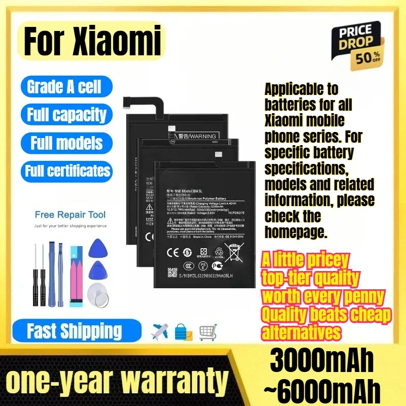 Battery for Xiaomi 3/4/5/6/7/8/9/10/11 0 Cycle High Quality High Capacity Battery Replacement Bateria Grade A Cell with Tools