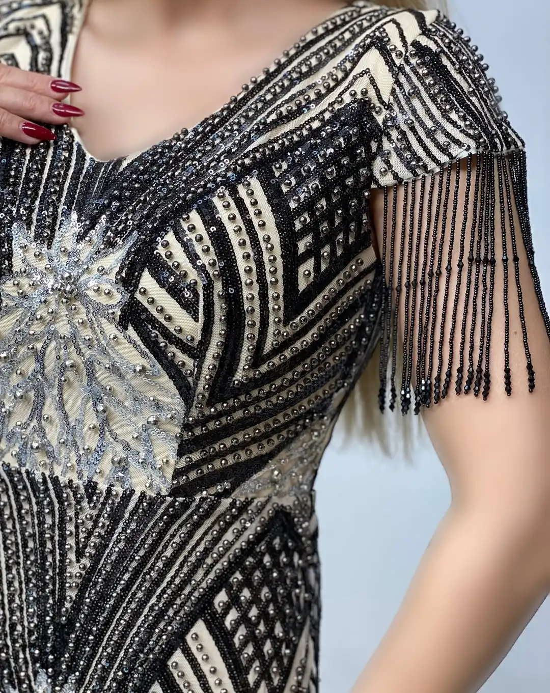 تصميم جديد أنيق الديكور الترتر حورية البحر مساء اللباس الكتف شرابة الطابق طول حفلة موسيقية فستان حفل زفاف #3