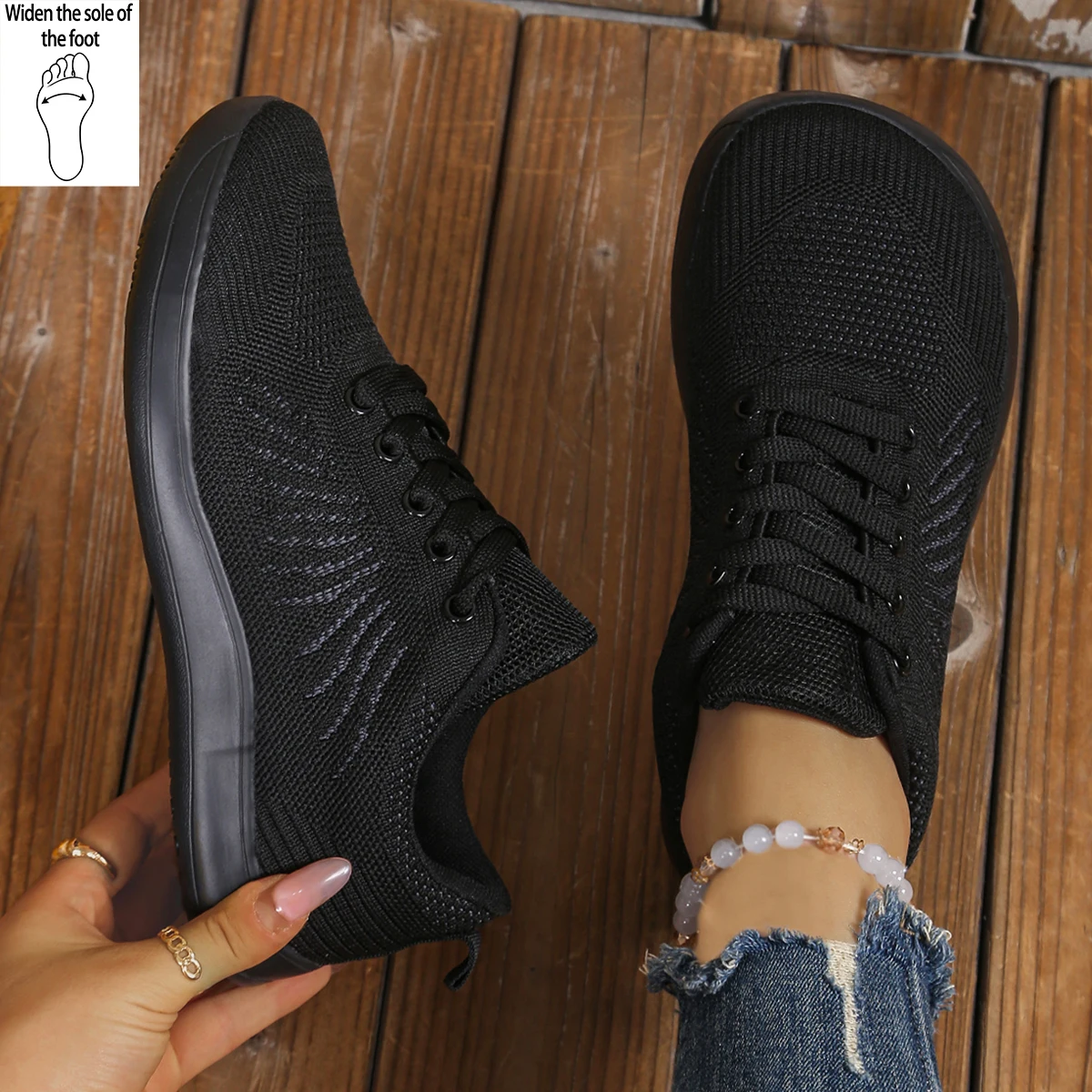 Ladies' Fat Wide Last Outdoor Sports Shoes Solid Color Stripes Breathable Front Strap Suitable for Outdoor Sports
