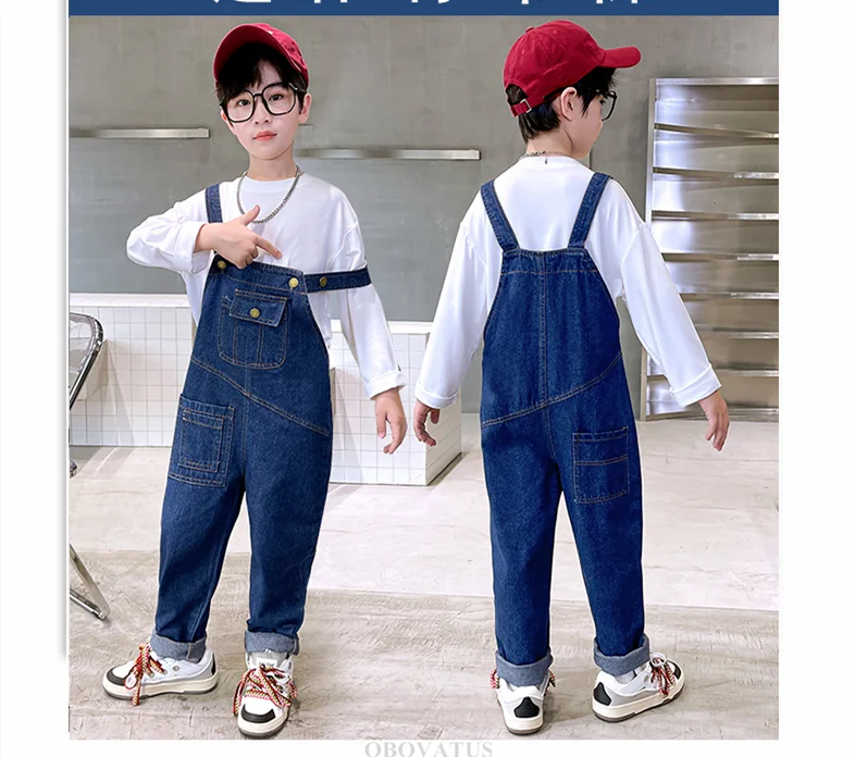 Modische Jeans-Latzhose für Jungen und Mädchen, Kinder Retro Dunkelblau Jeans-Overall mit Trägern, Coole Streetwear Latzhose für Kinder – Detail 2