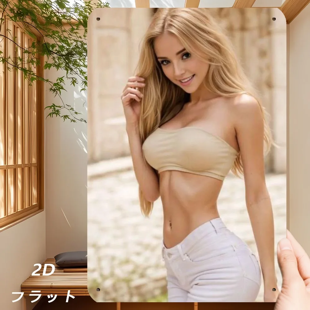 High Definition Metal Tin Sign - Sexy Blonde Woman in Beige Tube Top and White Jeans Retro Wall Art for Home Bar Cafe Decor,