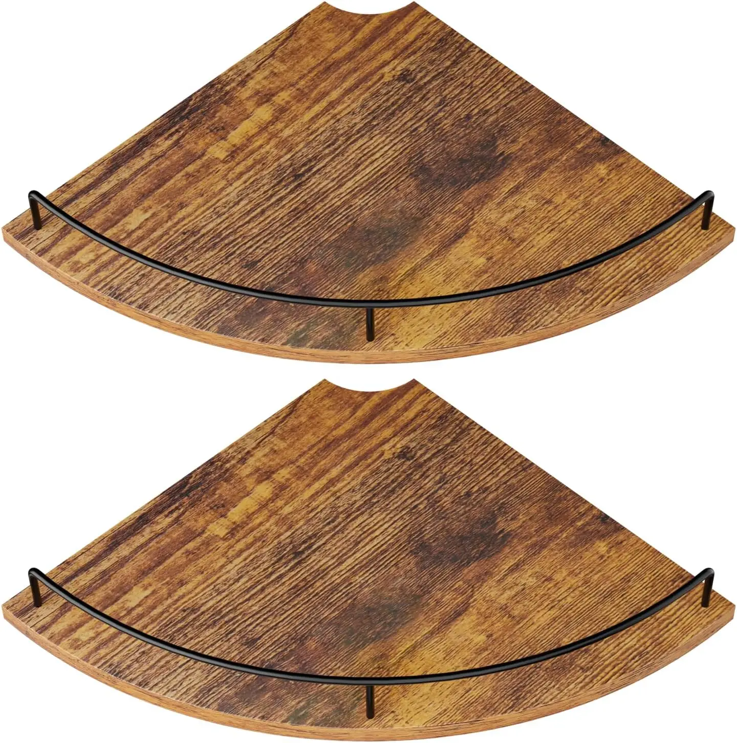 Set of 2 rustic brown wood corner floating shelves with guardrail, wall‑mounted storage display ledges for bathroom, kitchen and living room corner spaces.