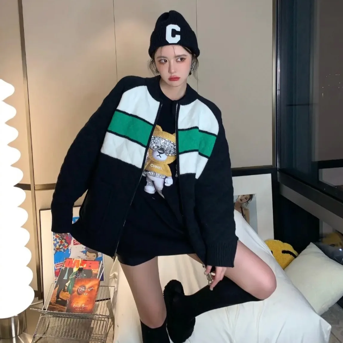 

Новый зимний шерстяной вязаный кардиган на молнии в полоску с большим ромбовидным узором, открытый кардиган, свободная верхняя одежда