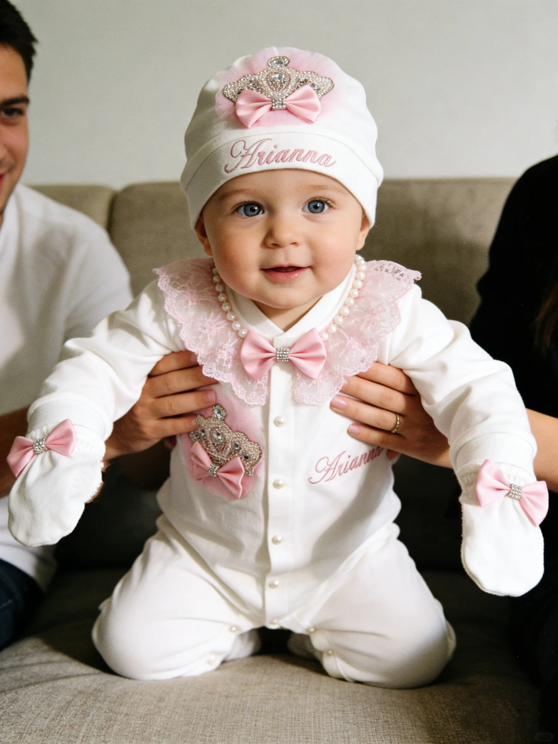 Exquisite Lace Patchwork Baby Romper 4 Piece Set Crown Embroidery