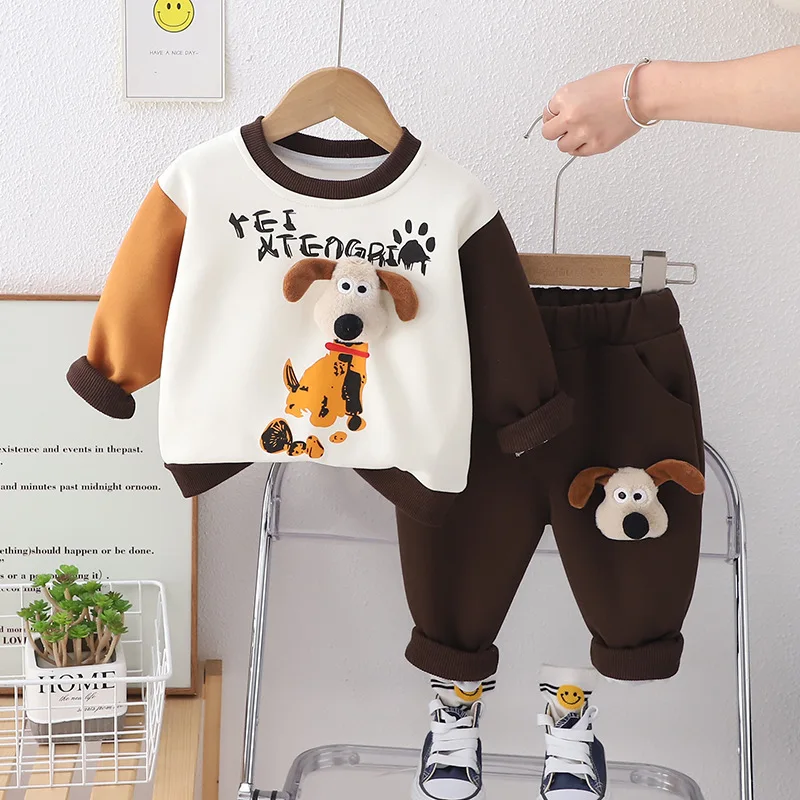 2024 Boys Spring New Sweater Set for Children Korean Spring Fashion Baby Cartoon Long sleeved Two Piece Set