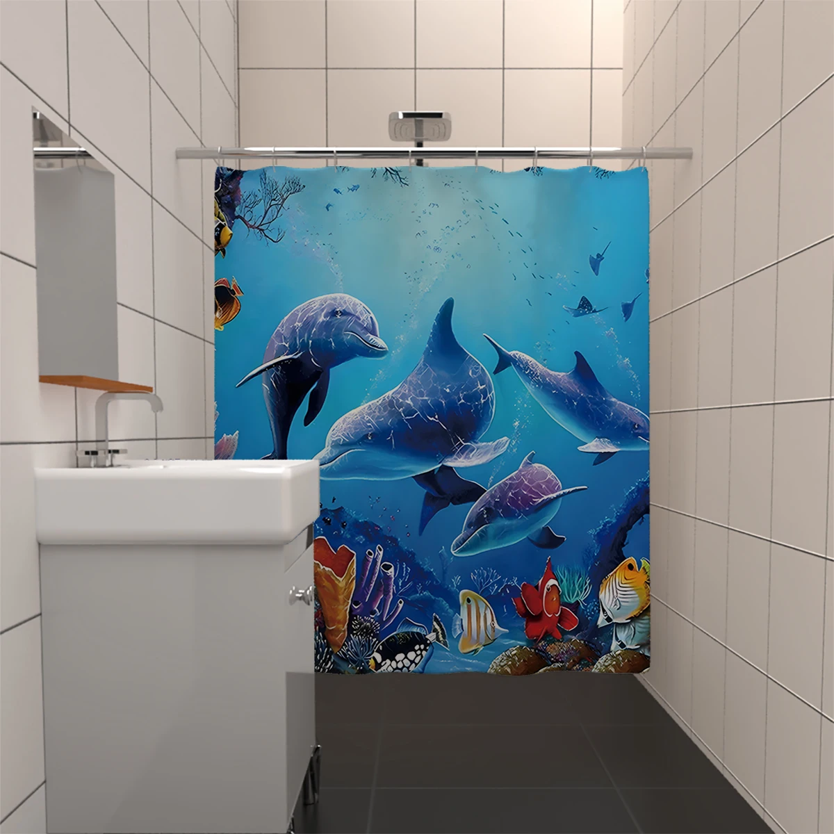 1PC 180x180cm Dolphin Shower Curtain Blue Ocean Biological Polyester Fabric Children\'s Ocean Theme Bathroom Decoration