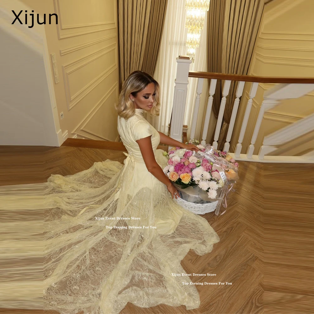 

Xijun Yellow Lace Long Evneing Dresses Short Sleeves High Collar Dubai Prom Dresses Saudi Arbric A-Line Prom Gowns Customized