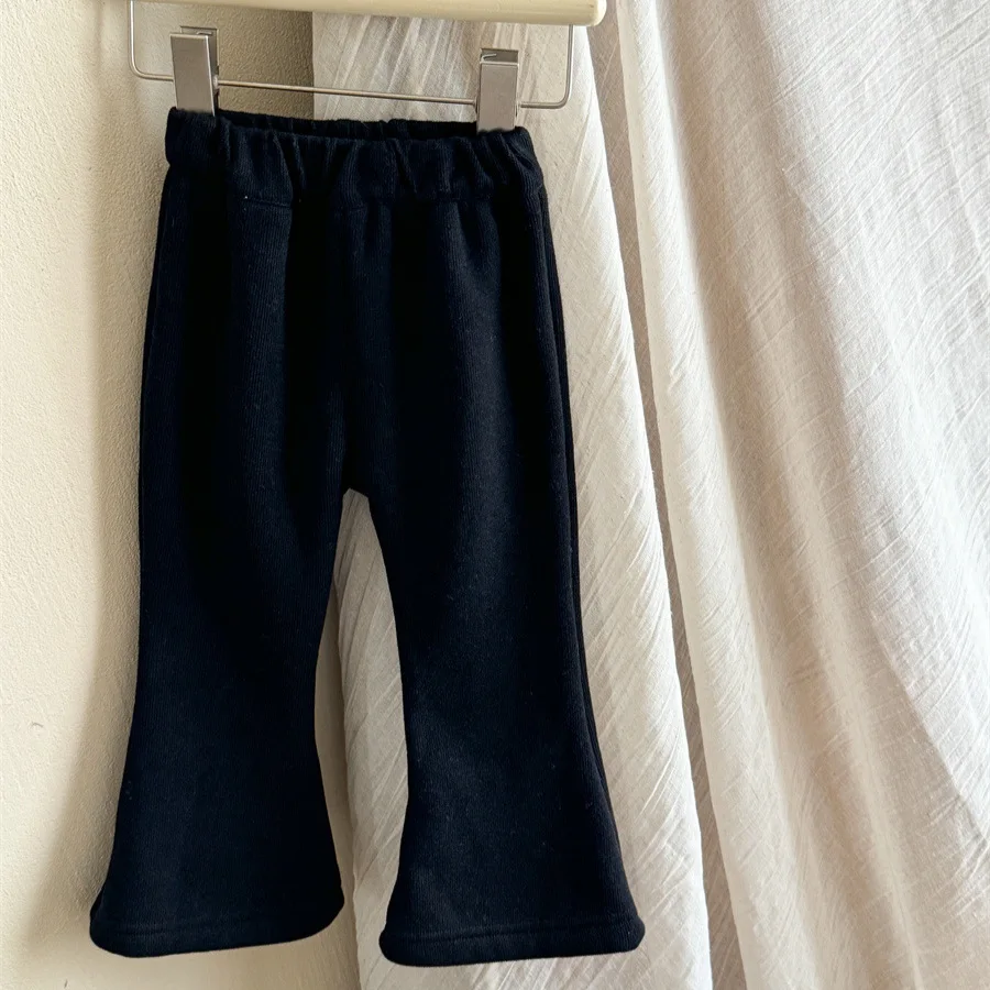 2025 Girls' Velvet Knitted Bell Bottom Pants Winter New Product Korean Edition Sen Series Simple Style