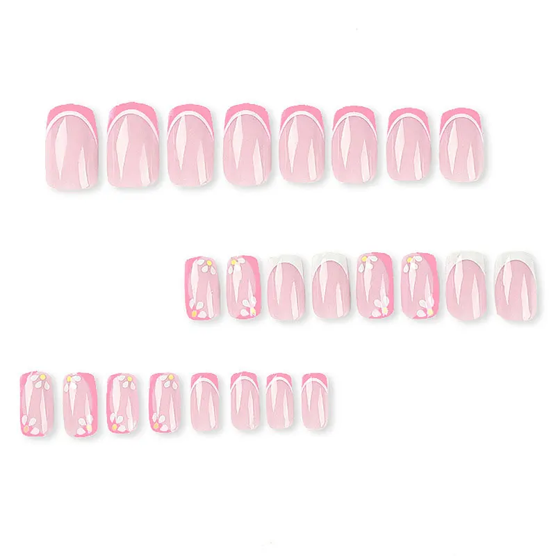 24pcs/box wearable white and pink contrasting color manicure cute girly flower fake nails