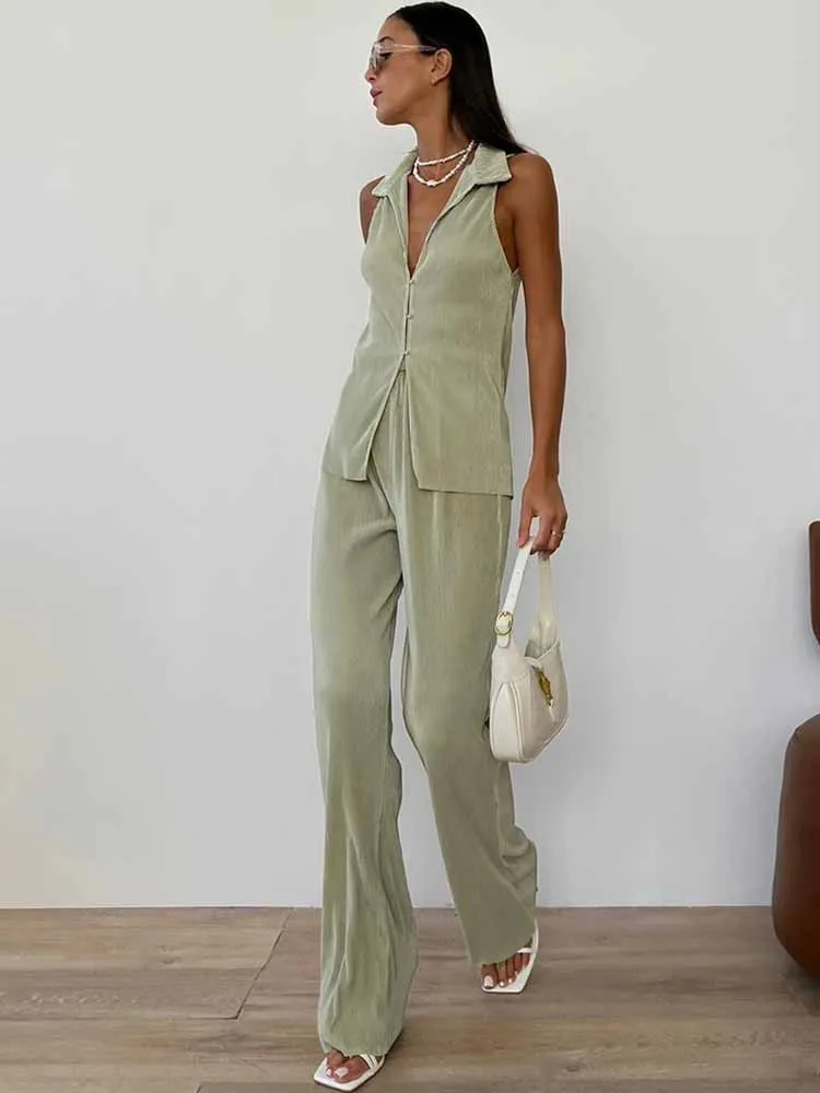 

BKQU повседневные плиссированные комплекты из 2 предметов, женский топ без рукавов с лацканами и пуговицами, прямые брюки с высокой талией, комплекты женской одежды для поездок на работу