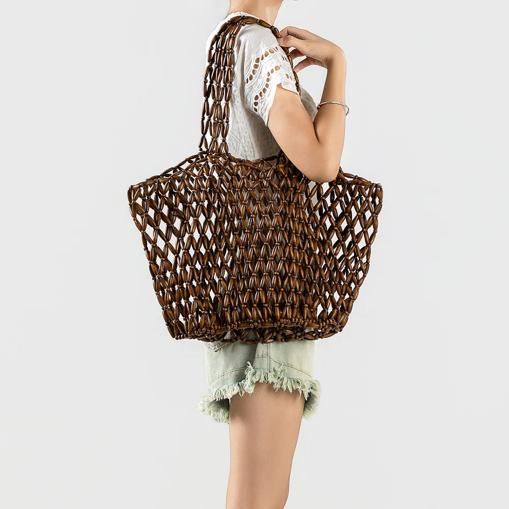 Wood Beaded Tote Bag Hollow Woven Shoulder Bag For Women Summer Beach Handbag Large Capacity Vacation Shopping Bag