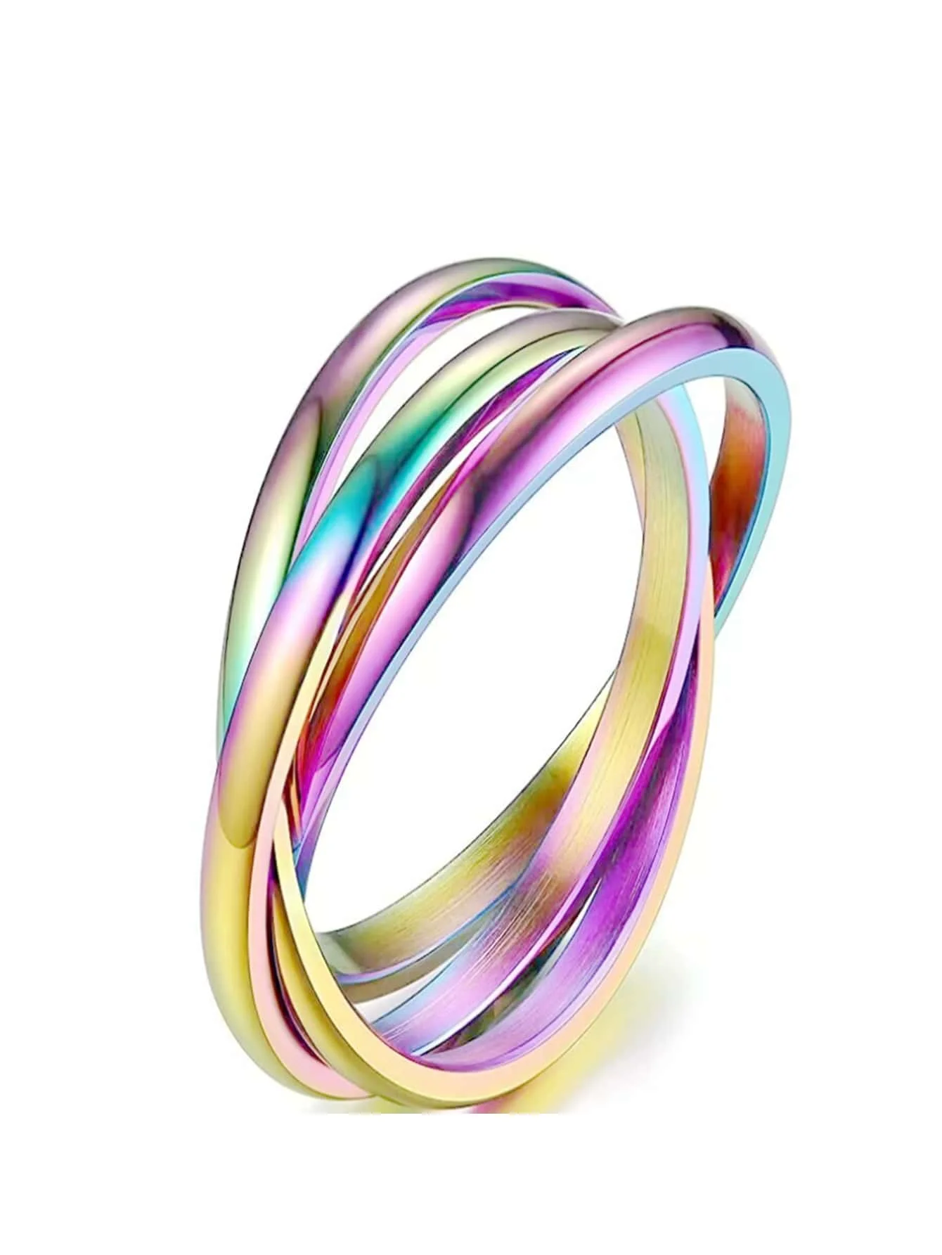 3 Interlocked Rainbow Titanium Steel Spinner Ring for Women Men Couples
