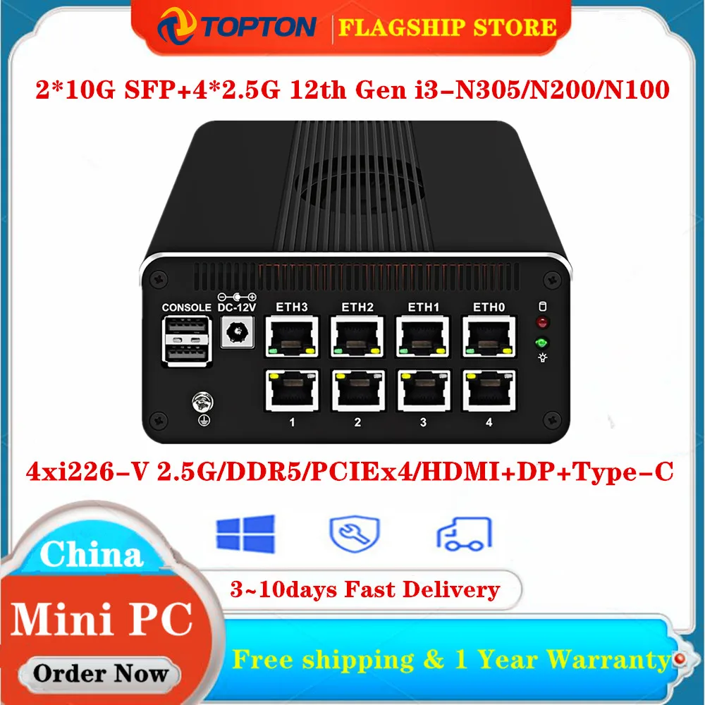 

Topton 12th Gen 2*10G SFP Firewall Appliance Intel i3-N305 N200 N100 4x i226-V 2.5G DDR5 NVMe Soft Router Mini PC Proxmox Server