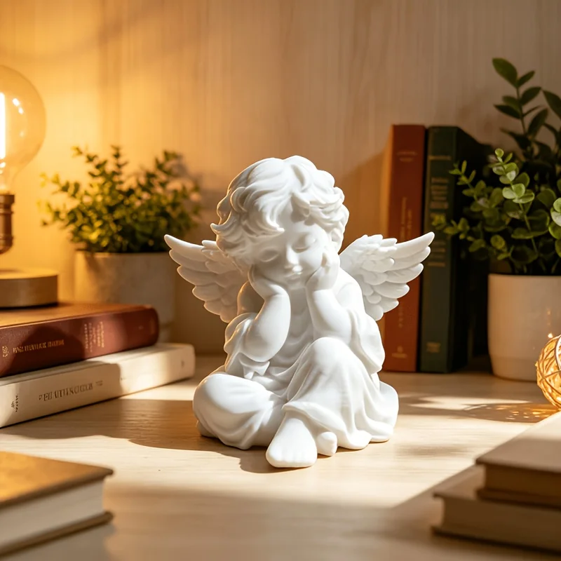 Sweet White Angel Statue 3D Printed CanDIY Cute Thinking Cherub Mini Figurine Home Decor Wedding Romantic Souvenir Ornament Gift