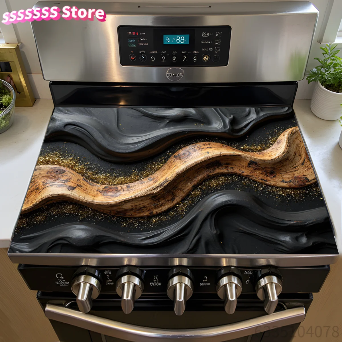 Elegant Abstract Waves & Golden Sparkles Glass Stove Top Cover - Heat Resistant Ceramic Cooktop Protector, Dish Drying Mat for