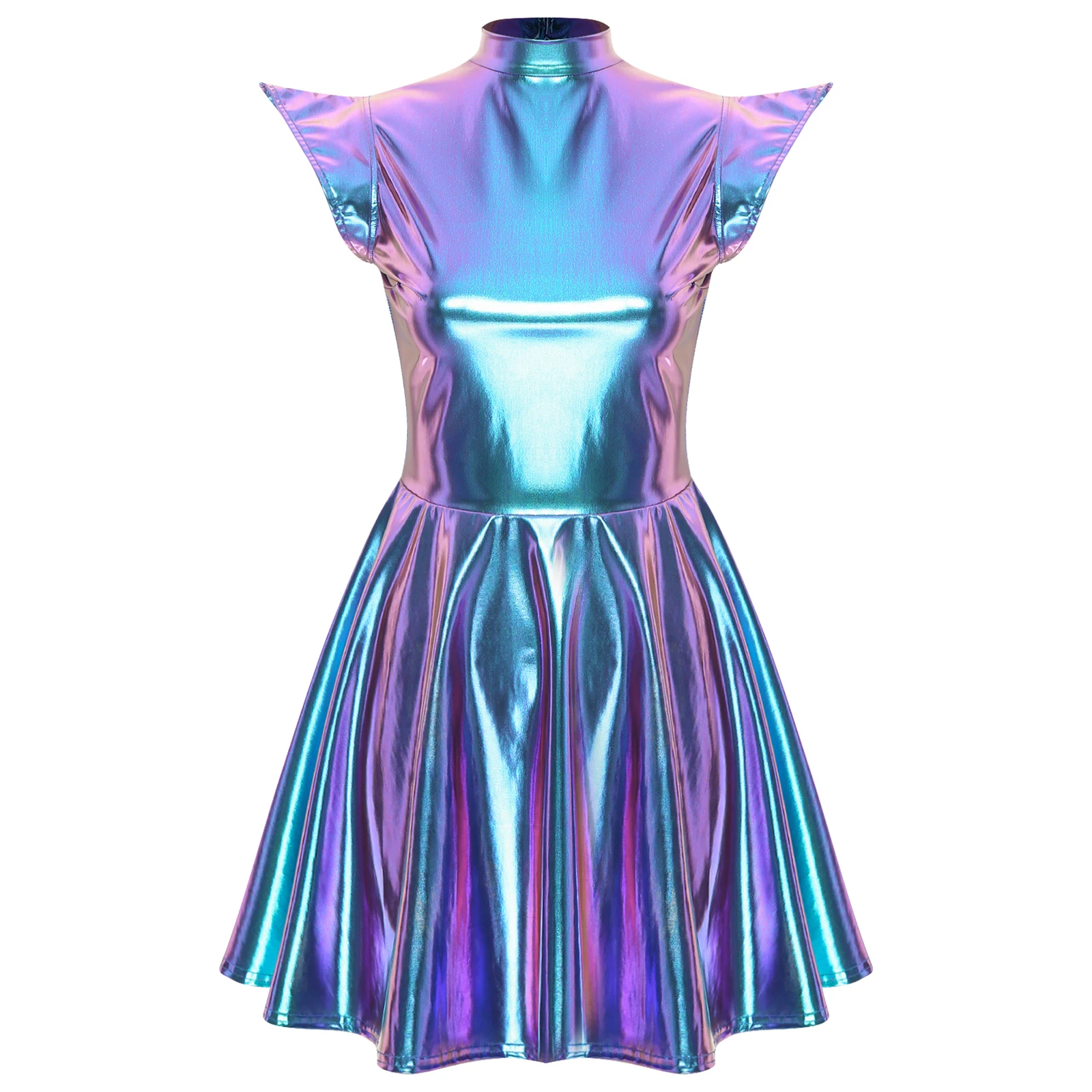 Women Shiny Metallic Dress Mock Neck Cap Sleeve High Waist A-line Dress Modern Pole Dance Rave Party Bar Club Wear Street Wear