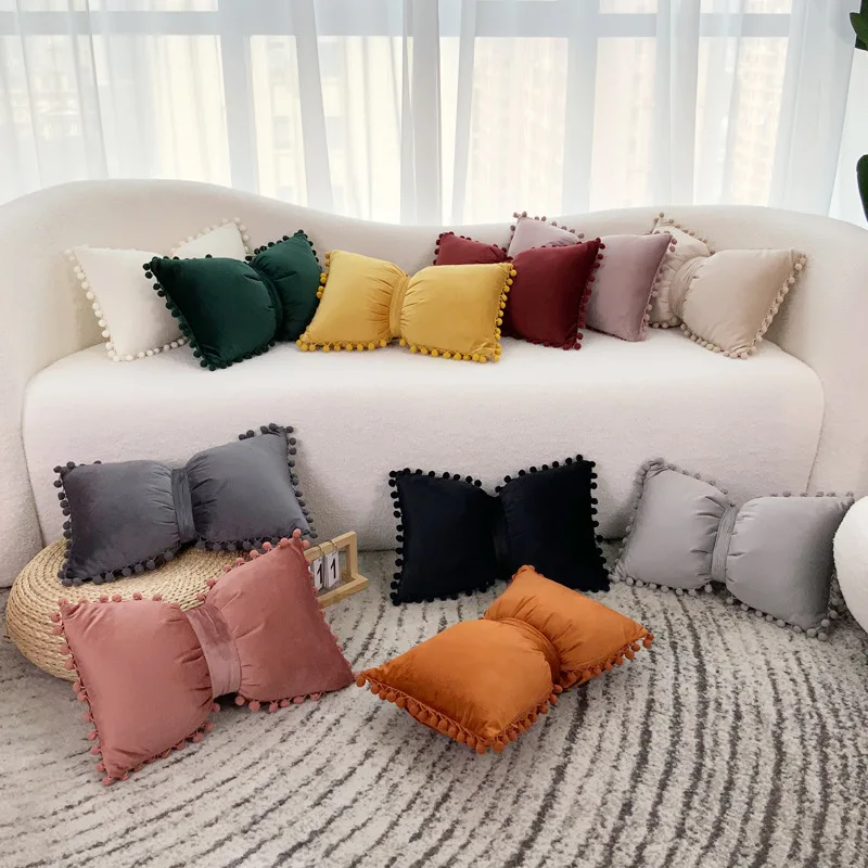 Nordic Ins Cute Bow Velvet Pillow Cover Princess Seat Chair Cushion Cover Pompom Decorative Throw Pillow Case Girl Room Decor