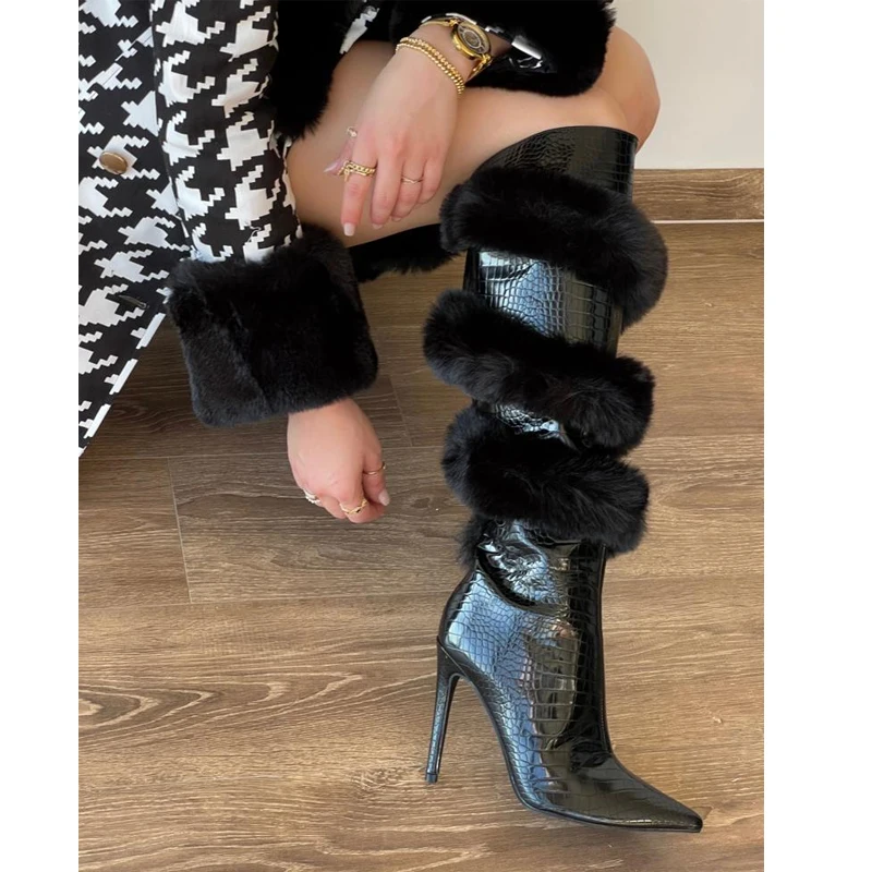 

Сапоги до колена с острым носком и пушистой меховой отделкой, черные сапоги до колена из лакированной кожи крокодила с боковой молнией, зимняя обувь на высоком каблуке