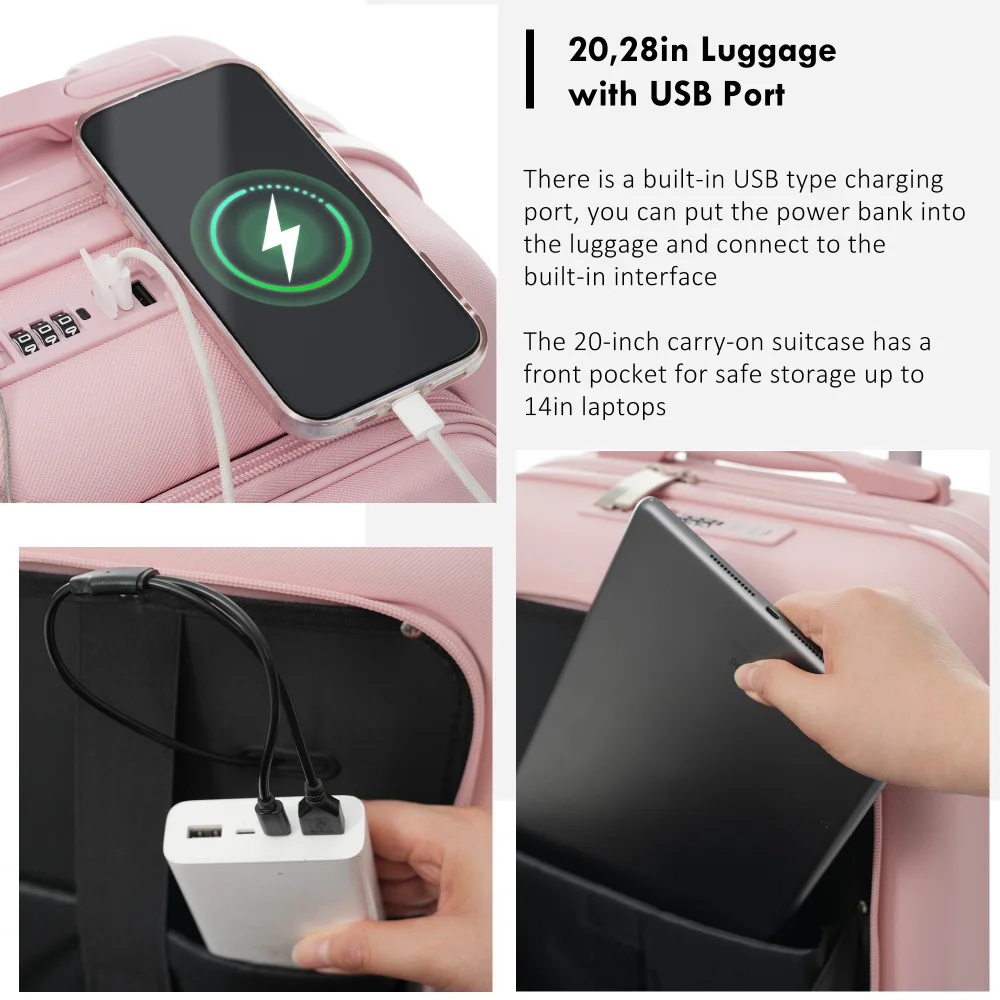 4-Piece Luggage Set with USB Charging Ports - 20in Carry-On (Front-Opening for Laptop) 28in Checked Suitcase with TSA Lock Travel Duffel Bag Wet-Dry Toiletry Bag,