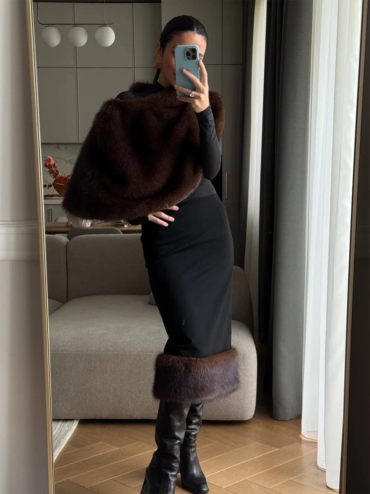 Vrouwen Luxe Nepbont Sjaal Chic Solid Patchwork Ronde Hals Brede Schouders Korte Mantel Jas Mode Dame Herfst Straat Outwears