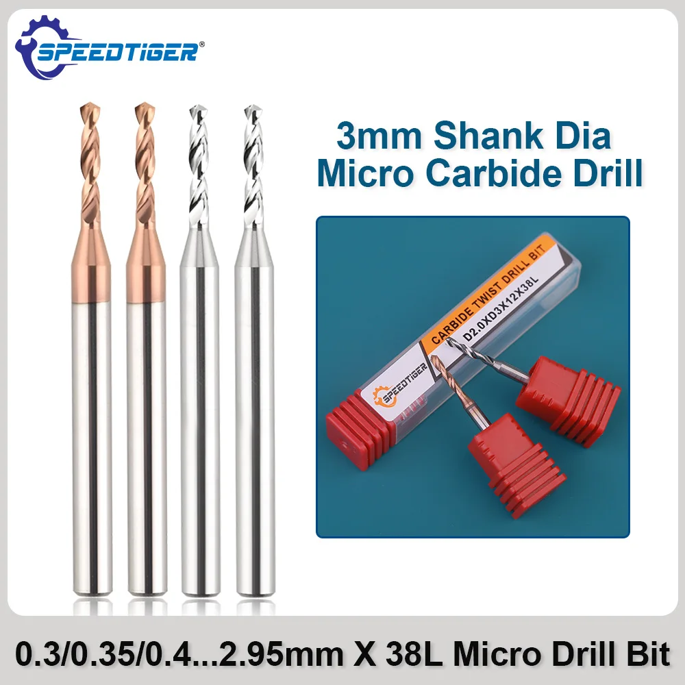 SPEEDTIGER Micro Solid Carbide Drill Bit Precision Mini CNC Hole Making 0.3- 2.95mm Shank Diameter 3mm Metal Steel Drilling Tool