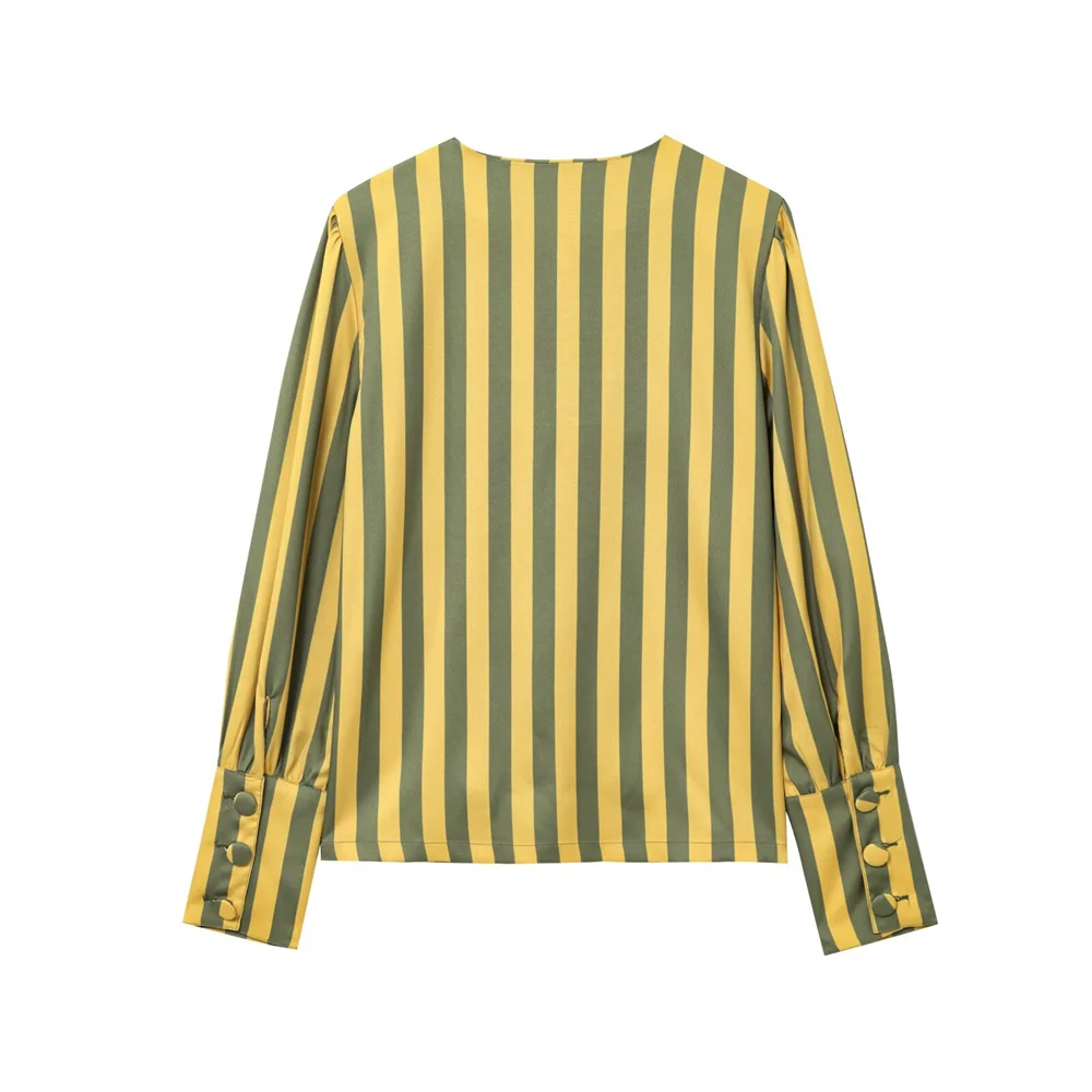 Haut à manches bulles pour femmes, vêtements d'automne, style européen et américain, à la mode, polyvalent, décontracté, rayé