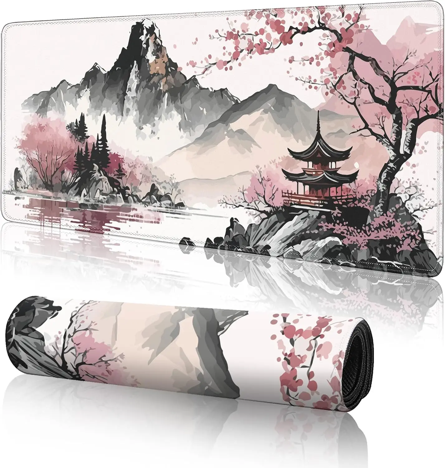 Cherry Blossom Gaming Mouse Pad,Non-Slip Rubber Base Mousepad Keyboard Mousemat, Sakura Watercolor Painting Extended Table Mats