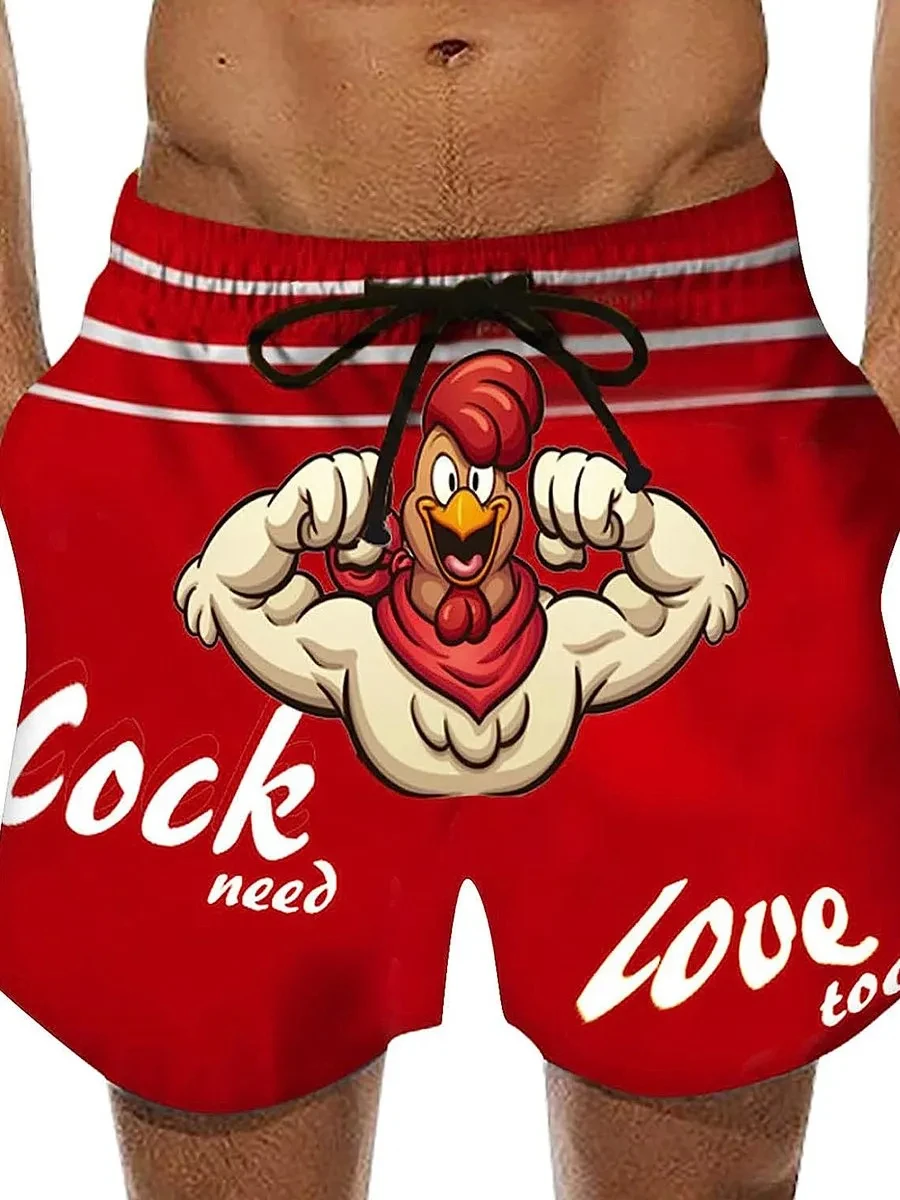 Summer Fashionable men's board shorts drawstring chicken quick drying shorts, holiday beach Hawaiian casual micro elastic shorts