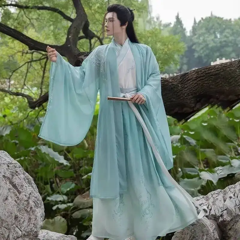 

2025 Зеленая рубашка Hanfu с древним принтом + юбка + пальто Hanfu, мужской традиционный китайский костюм для косплея, большой костюм для косплея на Хэллоуин