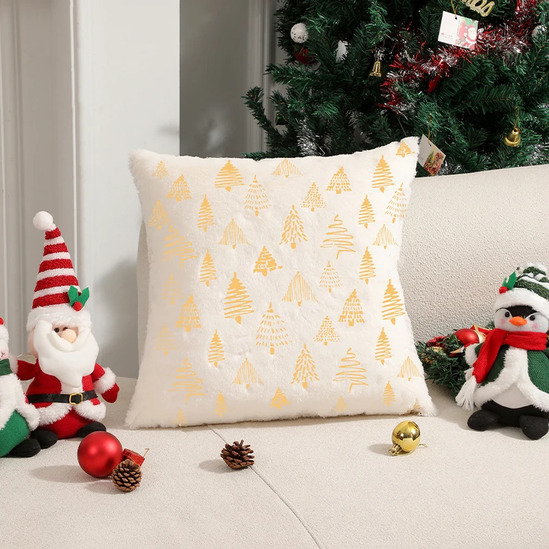 

CANIRICA Cushion Cover Plush Beige Christmas Supplies Hot Stamping Pillowcase for Living Room Sofa Party Home Decor Pillow Cover