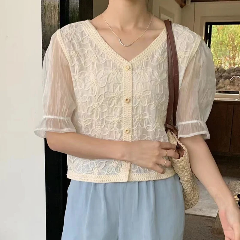 

Embroidery Floral Crochet Knit Top Sheer Half Sleeve V-Neck Button Down Blouse Cardigan Women Teengirl Summer Fairycore Outfit