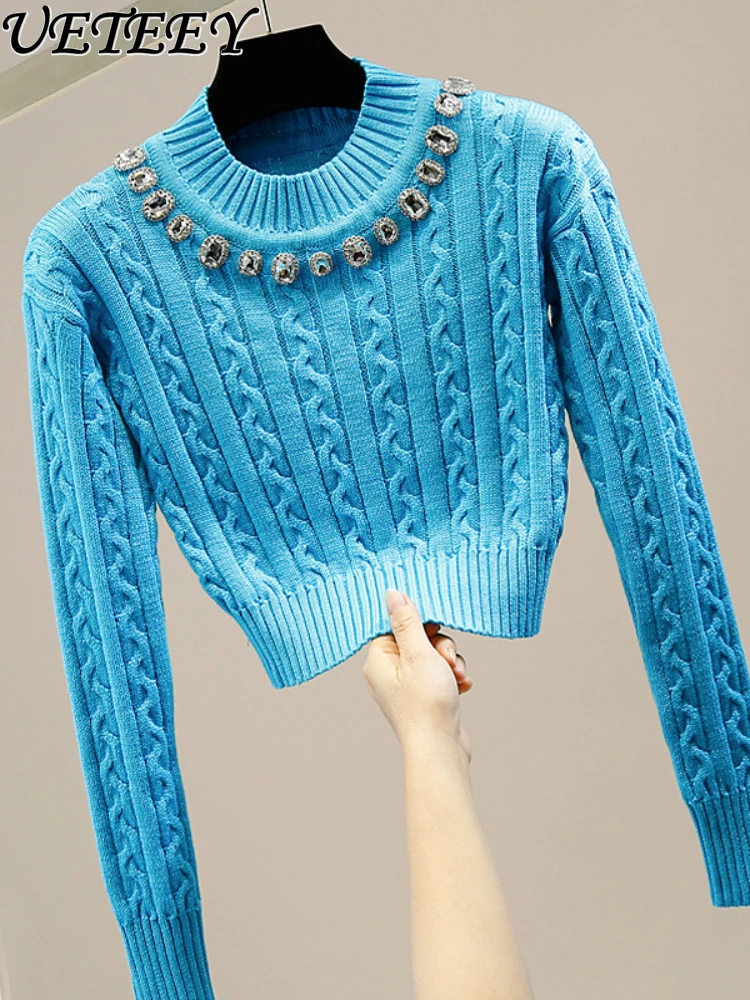 

Exquisite Rhinestone Slim Fit Pullover Short Navel Knitted Sweater for Women New Western Style Slim Versatile Fashion Knitwear