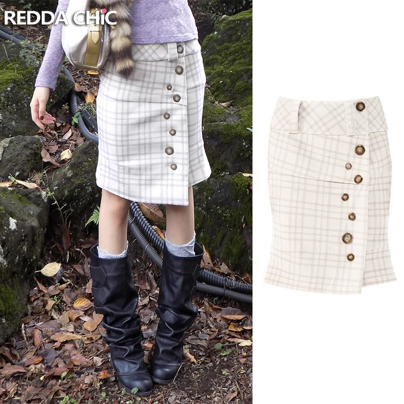 

ReddaChic Клетчатая юбка с декором на пуговицах, повседневная белая клетчатая юбка в клетку с низкой посадкой до колена, асимметричная юбка-футляр Y2k, женские дни в стиле ретро