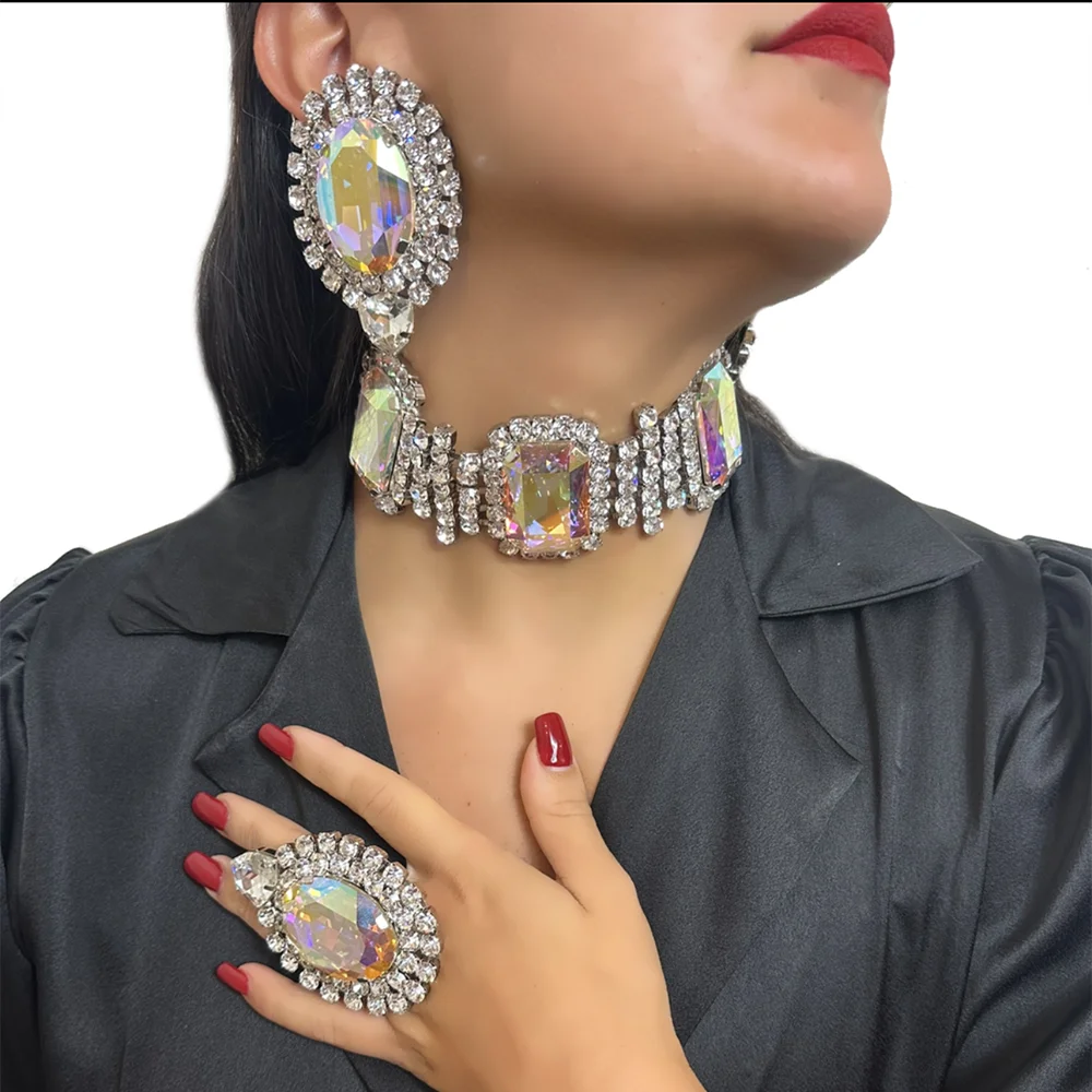 CUIER Glass Gemstones Big Size Women Choker Earring Stud Jewelry Set Wedding Stage Necklace Accessories