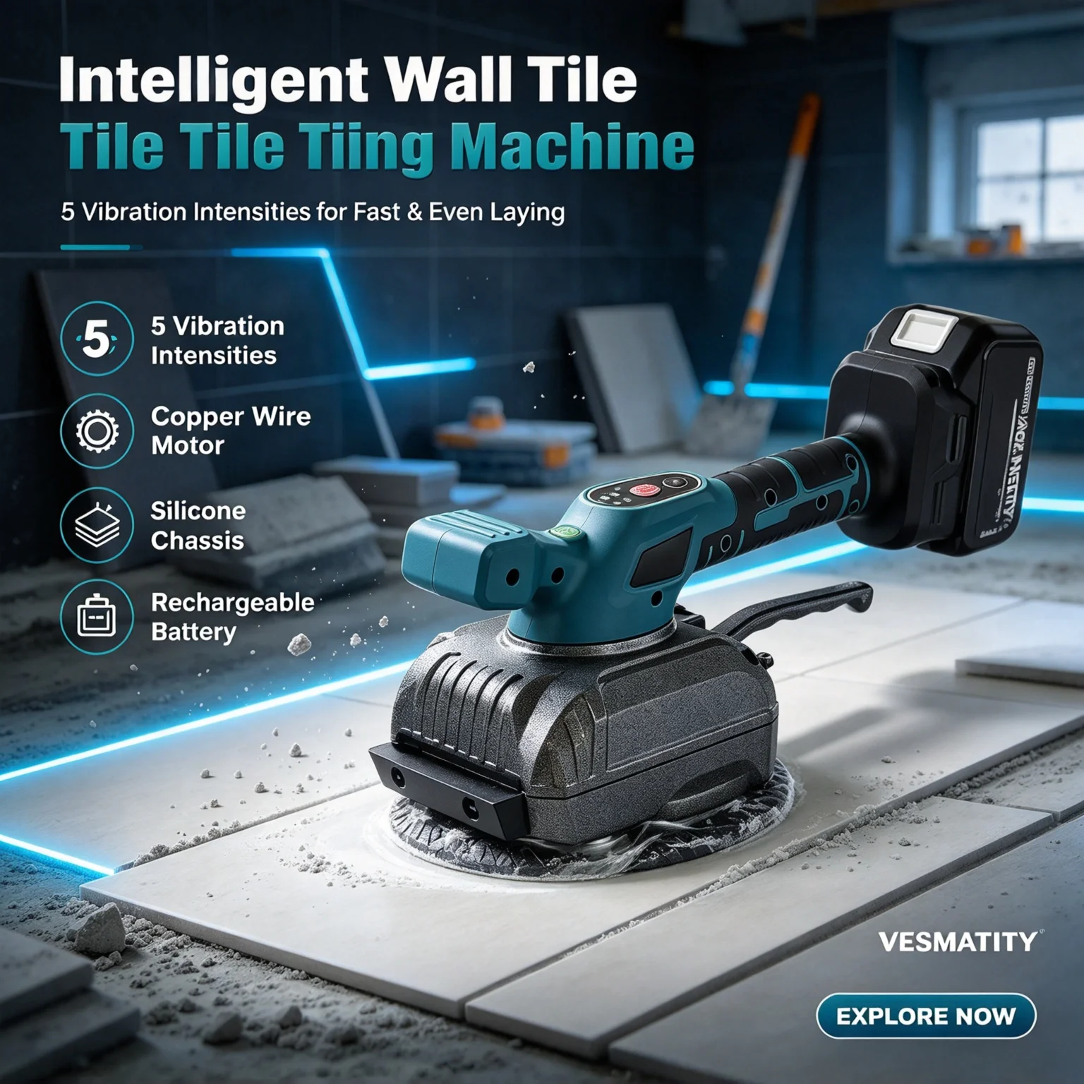 Vesmatity Vibrating Cordless Automatic Tile Tiler 5 Vibrations Laying Tool Tile Leveller Floor Leveling 18V Battery HD