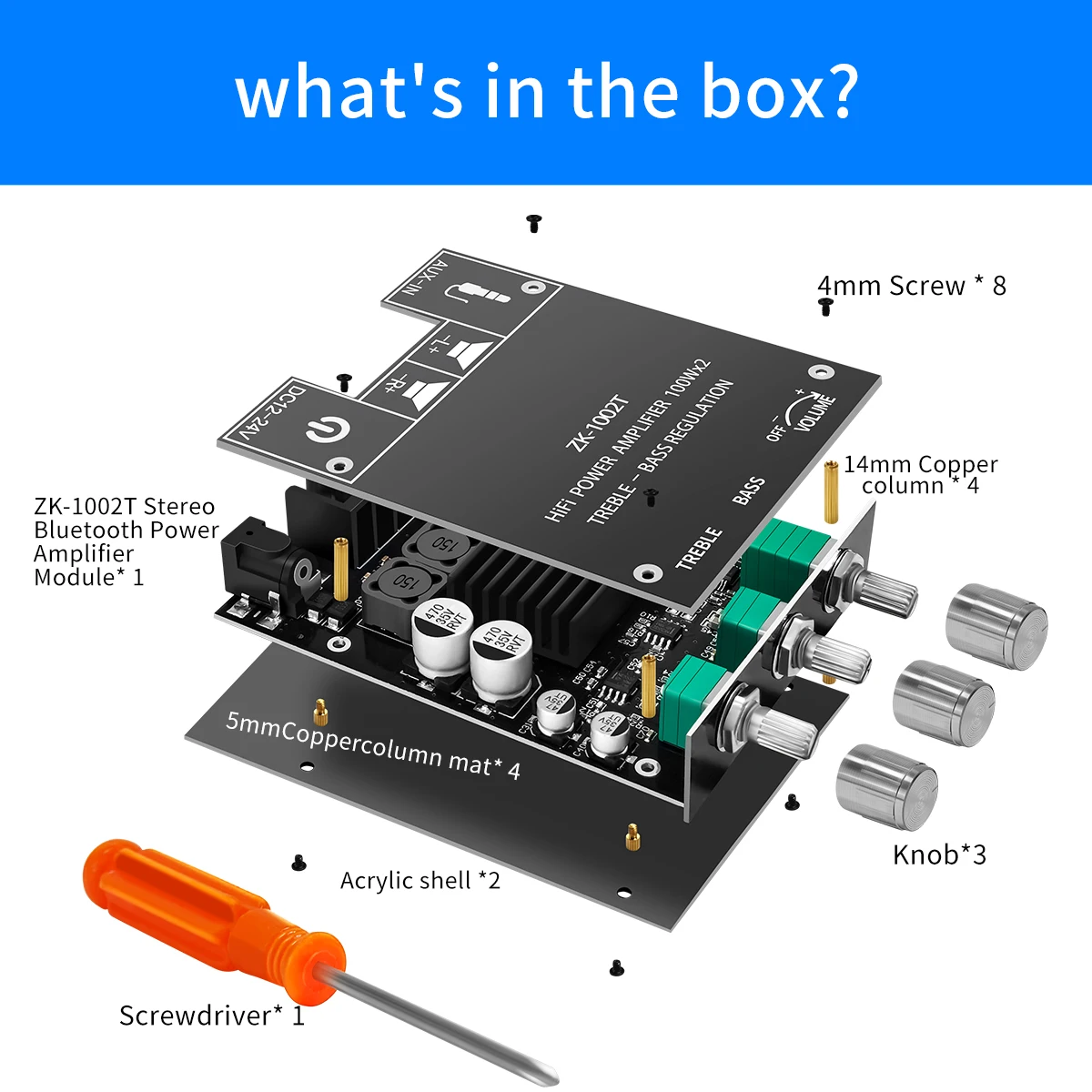 ZK-1002T 100Wx2 Bluetooth 5.0 Treble and Bass Adjustment Subwoofer Amplifier Board Channel High Power Audio Stereo Bass AMP