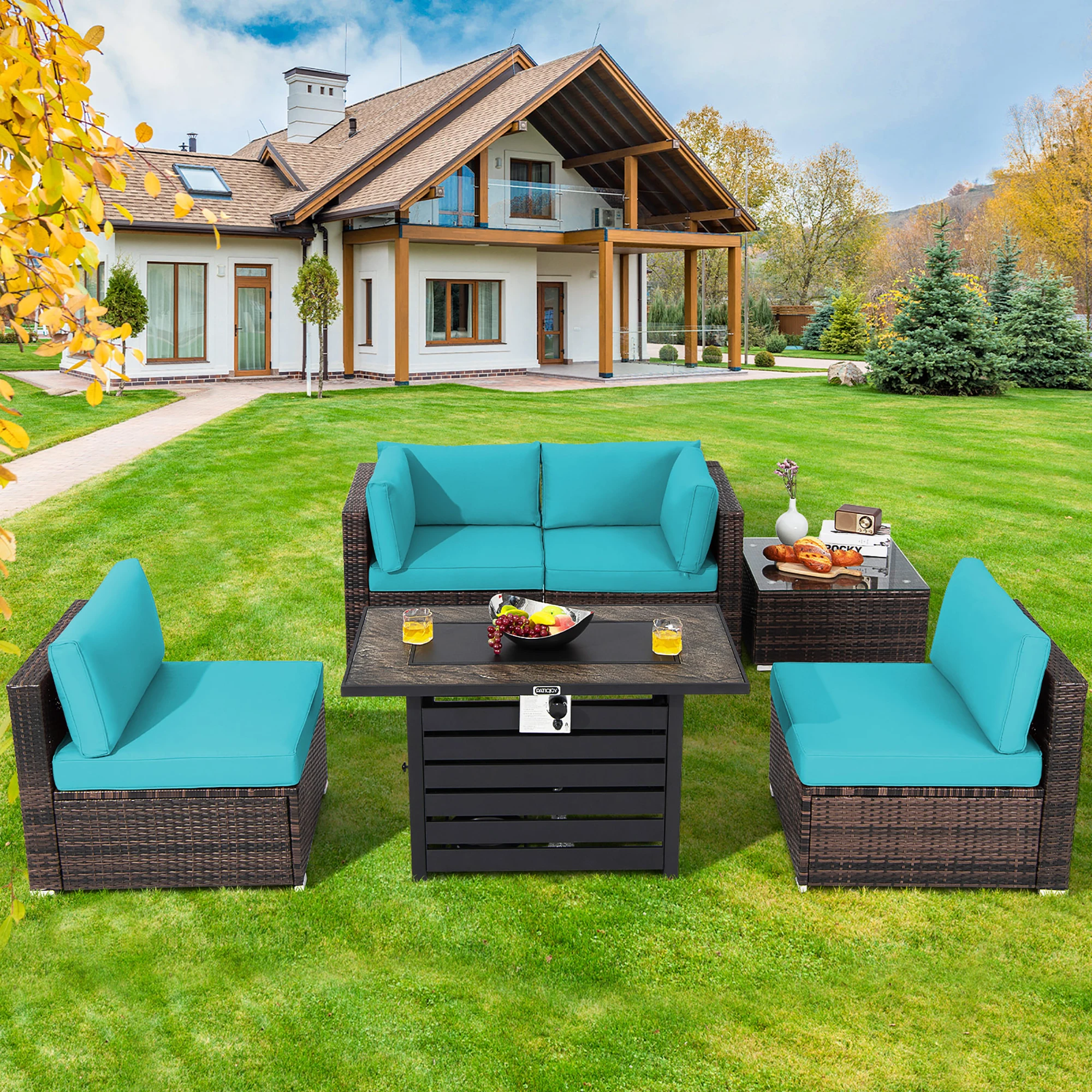 

6PCS Patio Rattan Furniture Set 42" Fire Pit Table Cover Sofa Cushion Turquoise