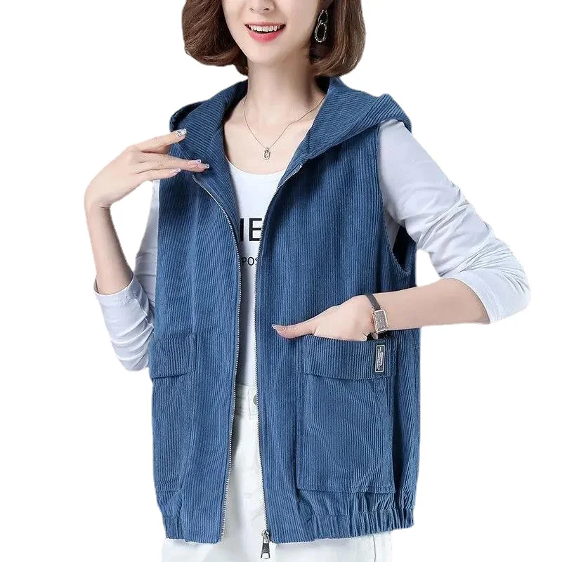 

Vintage Oversized Hooded Vest Women Casual Corduroy Sleeveless Cardigan Zip Korean Fashion Spring Autumn Jacket Waistcoat Tops