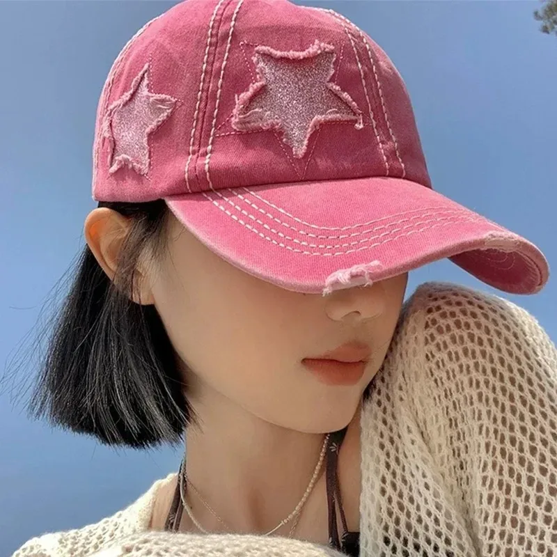 Unisex Y2K Pentagram Retro Fashion Washed Denim Hole Baseball Caps Four Seasons Fishing Hat Women Men