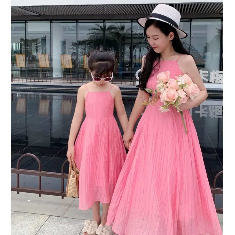 

Vacation Look Mom and Daughter Matching Pink Dress Sling Backless Resort Mother and Baby Girl Elegant Dresses for Women Clothing