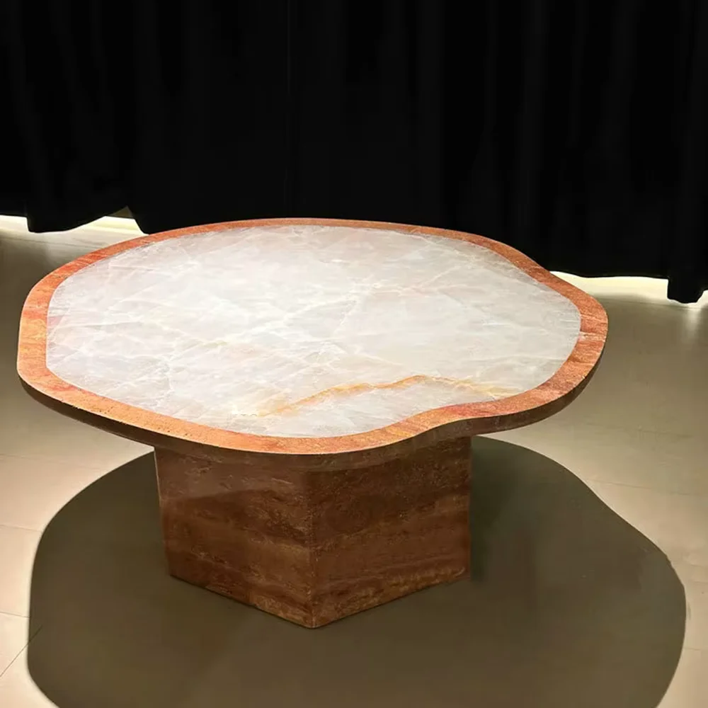 Luxury Living Room Travertine & White Onyx Coffee Table Set White Onyx with Red Travertine Insert Stone Furniture Decor Design
