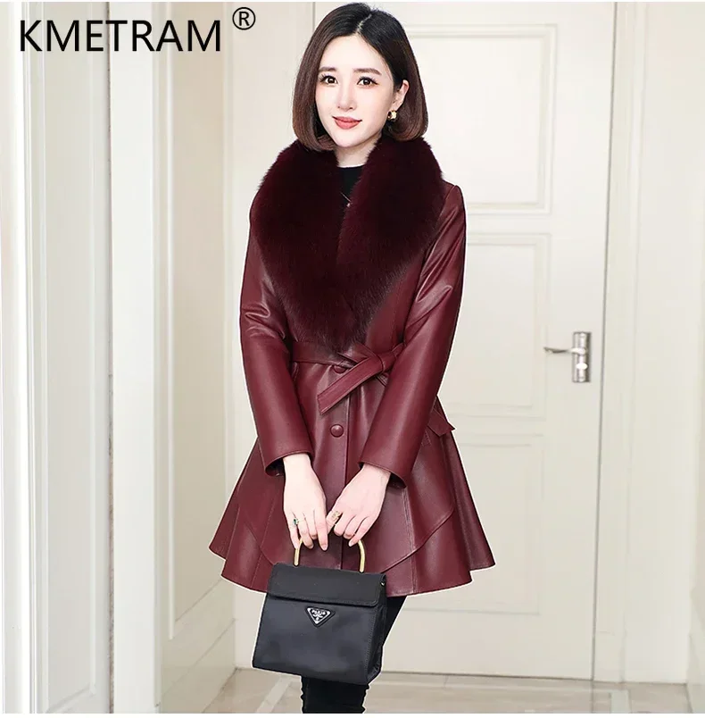 Echte Schapenvacht Lederen Trenchcoat Voor Vrouwen 2023 Winter Herfst Elegant Echt Leren Jas Warm Donzen Vossenbont Kraag