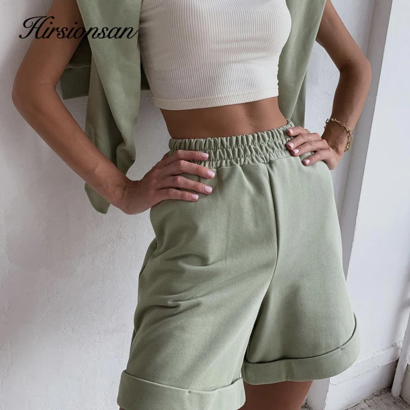 Hirsionsan Summer Cotton Sets Women Casual Two Pieces Short Sleeve T Shirts and High Waist Short Pants Solid Outfits Tracksuit