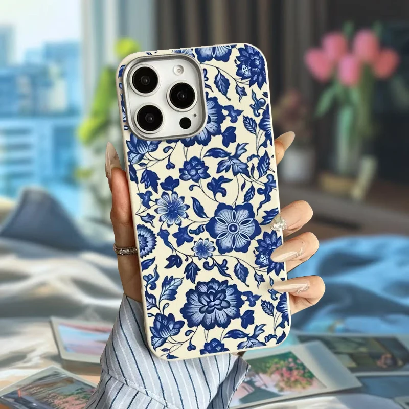 Elegant Blue Porcelain Floral Case for Samsung Galaxy S25 S24 S23 S22 S21 Ultra Plus S20 FE A73 A72 A71 4G A56 A55 A54 5G Cover