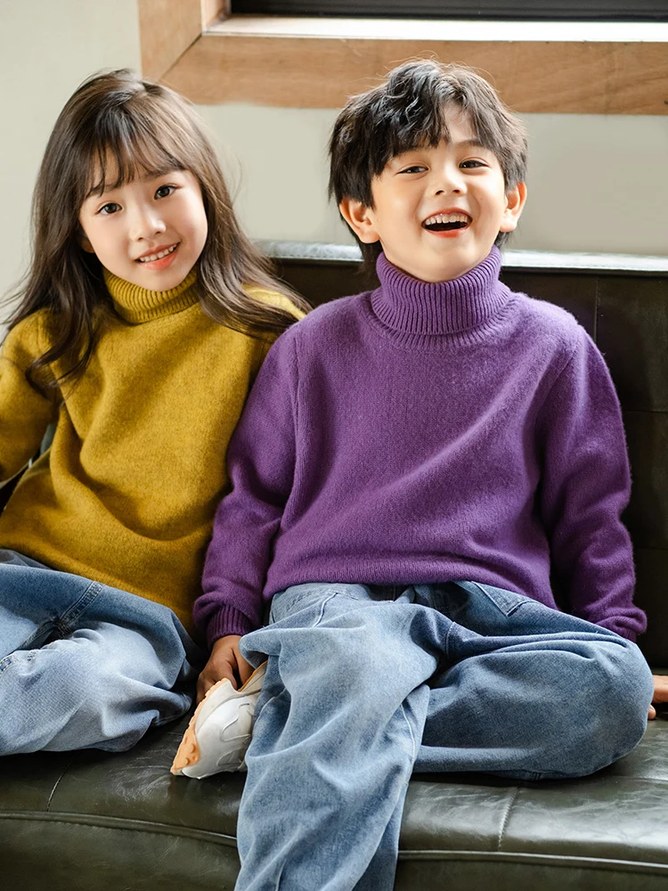 

Children's Thick Pure Wool Turtleneck Pullover Boys Girls Kid 100% Australian Merino Heavy Sweater Teenager Tops Jumper Winter