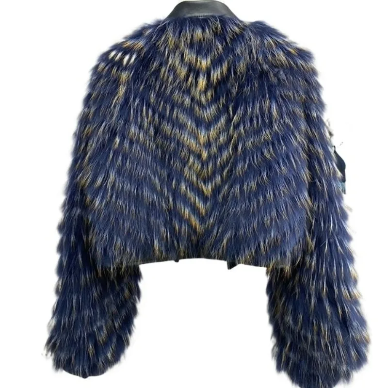 

Fashion Winter Design Sense Commuter Blue Imitation Raccoon Hair Woven Fur Burst Coat Female Small High-grade Faux Fur Jacket