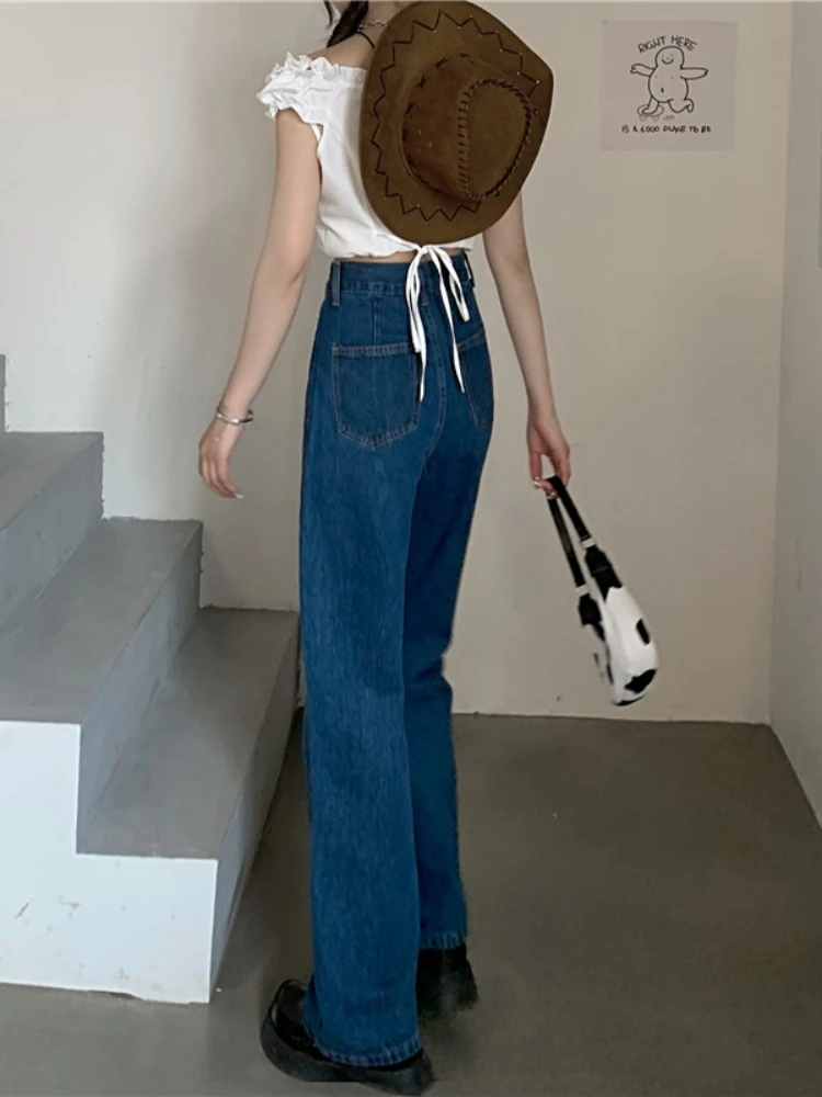 Jean Délavé Taille Haute avec Perles pour Femme, Streetwear Élégant, Style Rétro Coréen, Jambes Larges, Va avec Tout, Mode Automne