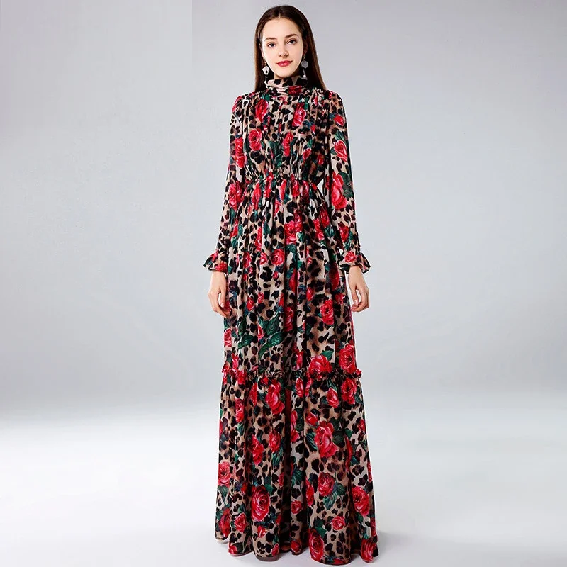 2023 moda seksowna wzór w cętki róża kwiatowy rękaw z elegancka, długa i wakacyjnymi sukienkami Maxi dla kobiet