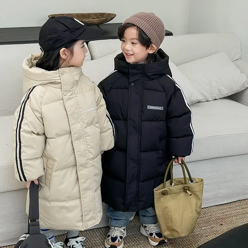 3-8Y Winter Korean Children X-Long Style Down Cotton Padded Jackets Baby Boys Girls Zipper Hooded Outwear Kids Thick Warm Parkas